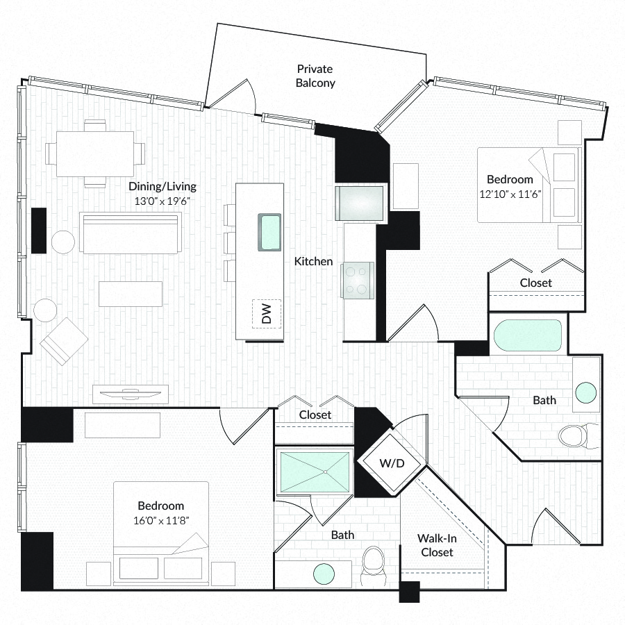 Floor plan for 2 beds, 2 baths, 1235 sqft
